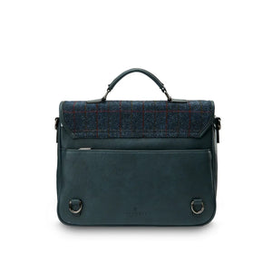 Back view of a navy-over-check Harris Tweed laptop case, showing the removable shoulder straps and secure closure.