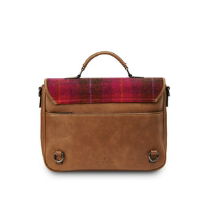 Back view of a red tartan Harris Tweed laptop case, showing the removable shoulder straps and secure closure.