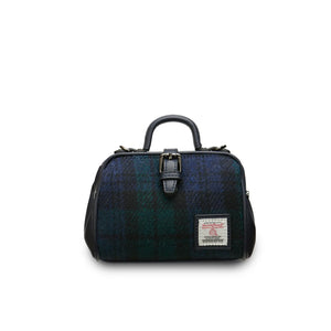 A classic mini doctor bag crafted from sophisticated Black Watch Tartan Harris Tweed, featuring two top handles for versatile carrying. Presented on a clean white background. (Islander)  pen_spark