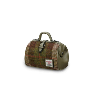 A chestnut tartan mini doctor bag tilted at a side angle, showcasing its two top handles and structured design. (Islander)