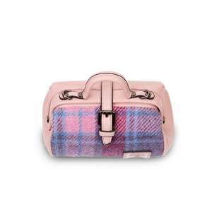 A top view of a charming mini doctor bag crafted from a playful pink and blue tartan Harris Tweed. The image showcases its two top handles and the opening of the bag. (Islander)