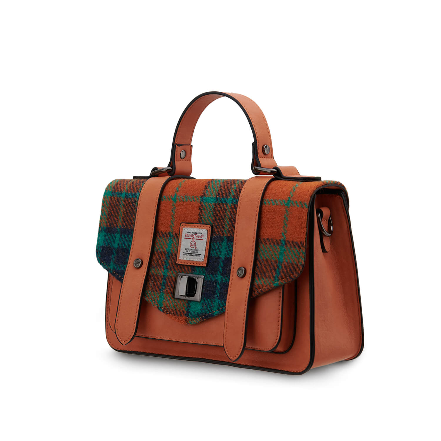 Islander orange and blue Harris Tweed tartan satchel shown at an angle with top handle, buckle straps and front clasp detail.