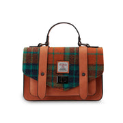 Front view of Islander Harris Tweed satchel in burnt orange and navy tartan with buckle straps and official Harris Tweed label.