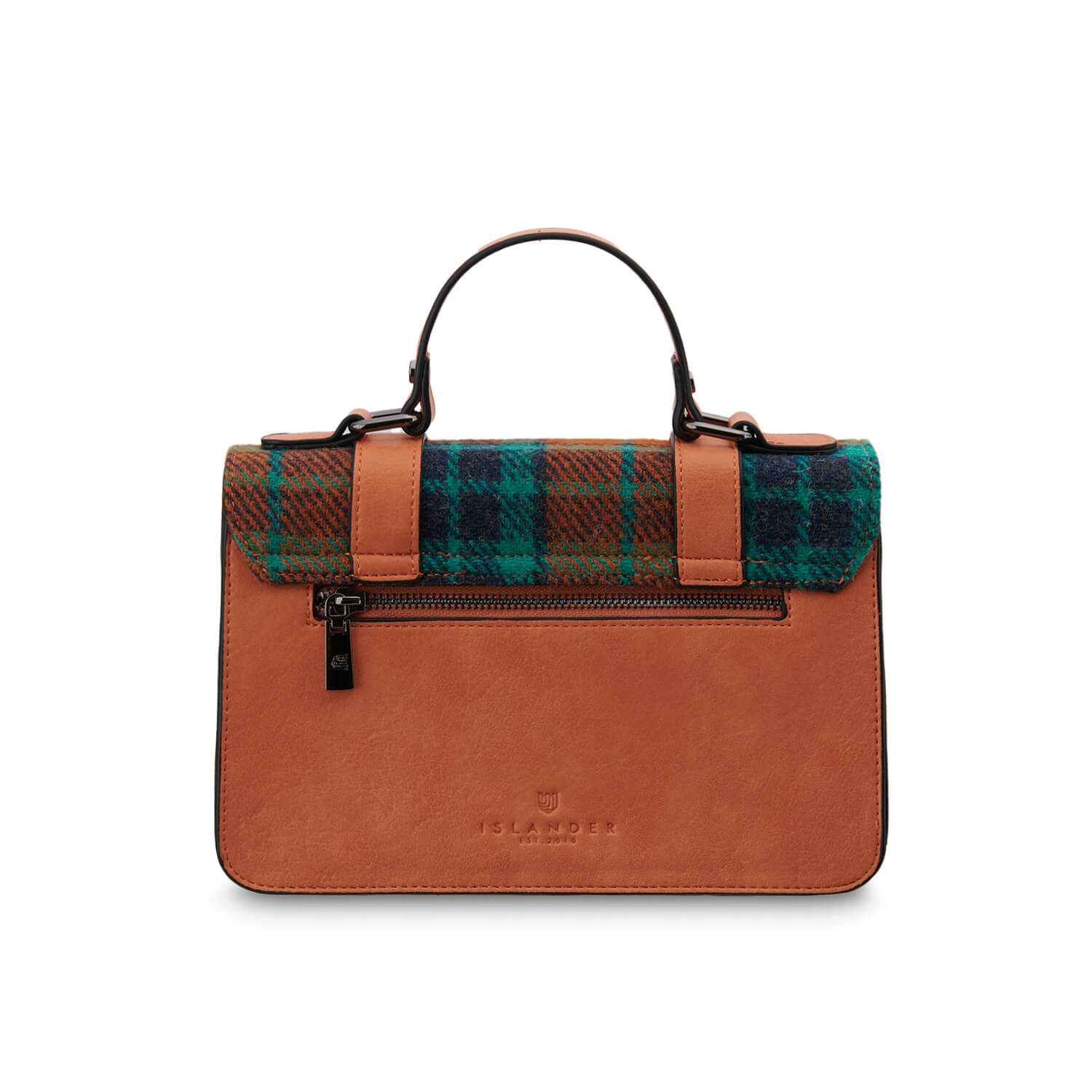 Back of the orange and blue tartan Harris Tweed satchel featuring top handle and discreet rear zip pocket.