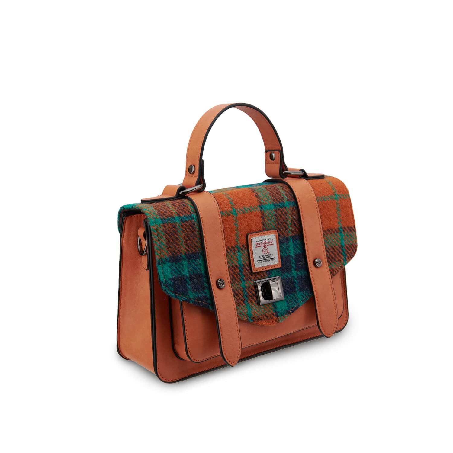 Side angle of the Islander tartan satchel showing its structured shape, top handle, and bold orange vegan leather finish.