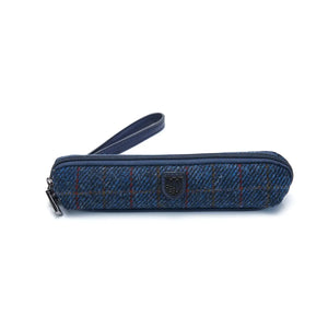 Navy over-check Harris Tweed Pencil Case. Sophisticated pattern in a compact and functional design. (24cm x 5cm x 5cm)