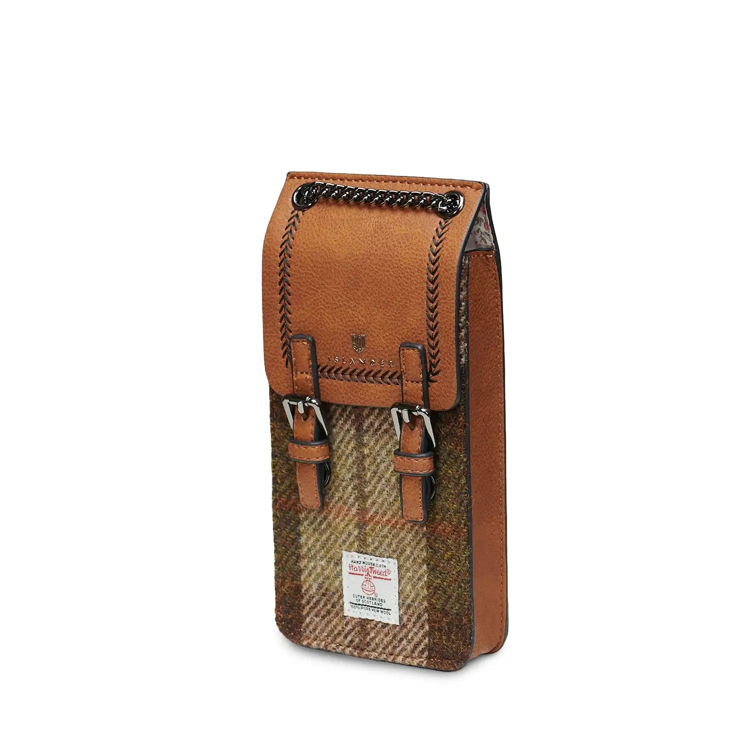 Chestnut tartan Harris Tweed phone tote bag, showcasing its compact size and adjustable strap.