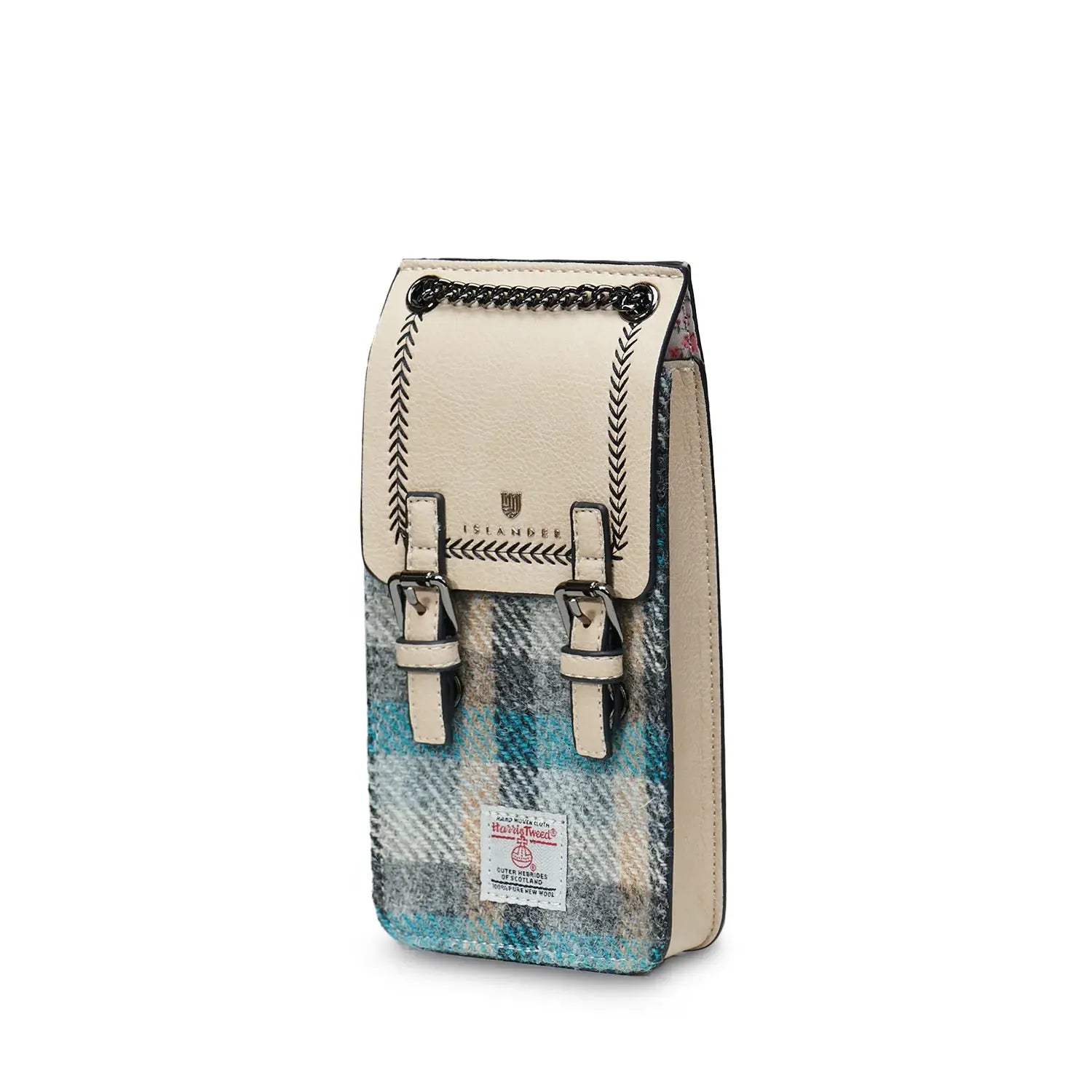 Islander Cream and Blue Tartan Harris Tweed phone tote bag, combining classic and contemporary styles.