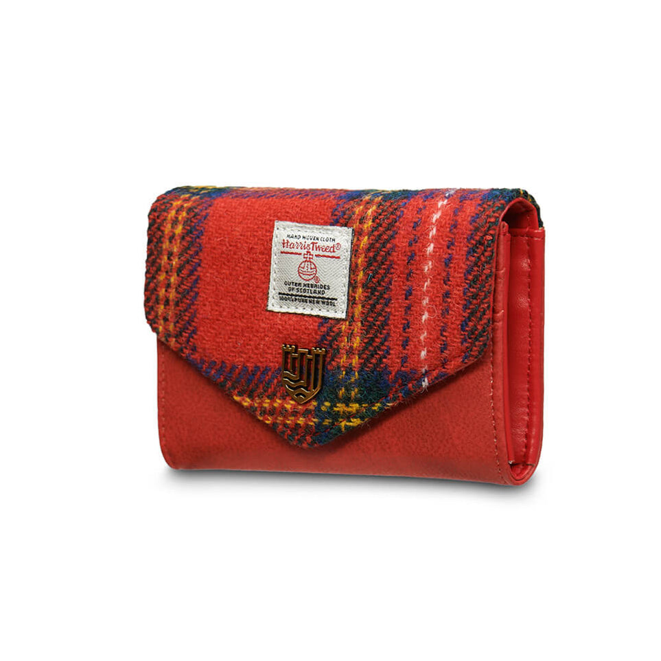 Angled side view of Harris Tweed small purse in vibrant red and Royal Stewart tartan design.