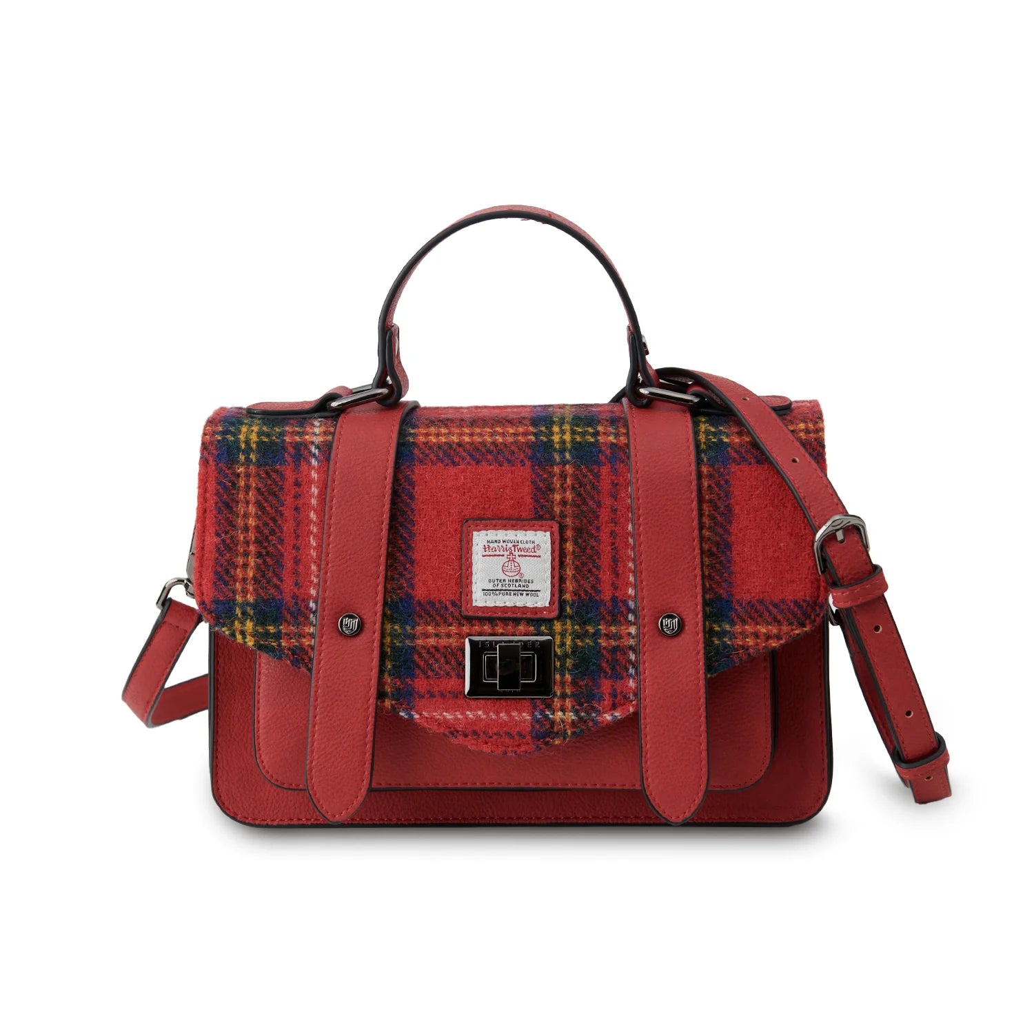 Islander Harris Tweed Satchel in Royal Stewart Tartan – front view showing classic red tartan and leather trim.