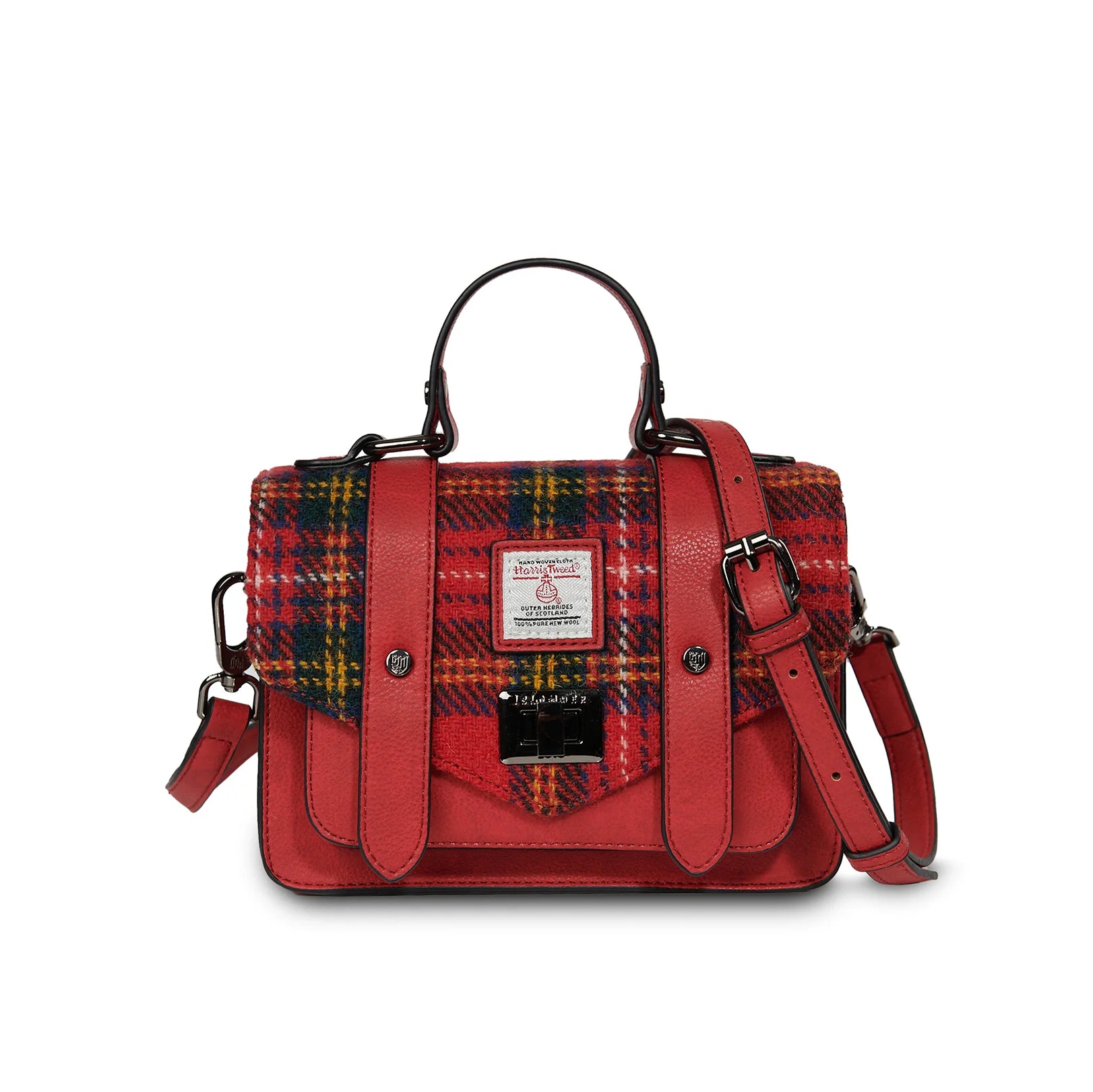 Mini Islander Harris Tweed Satchel in Royal Stewart Tartan – compact version with bold pattern.