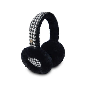 A pair of stylish black and white dogtooth Harris Tweed earmuffs