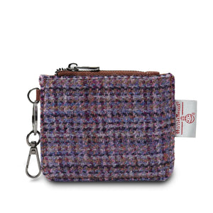 Violet Dogtooth Harris Tweed card wallet with a keychain attachment.