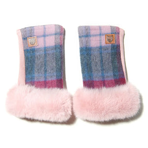 A pair of Islander Ladies Lambswool Mittens in Pink and Blue Tartan, displayed on a white background.