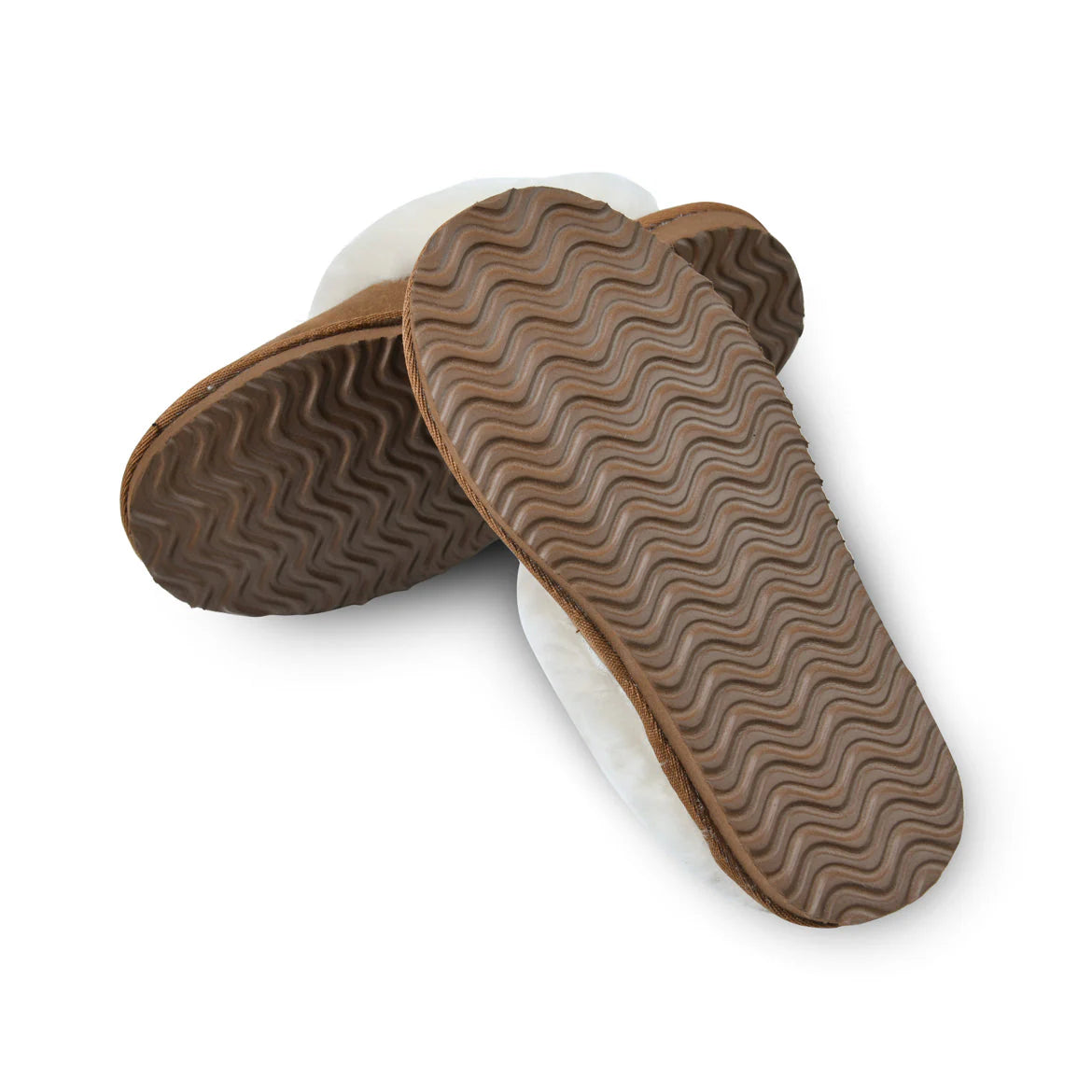 Durable rubber sole of ladies chestnut sheepskin slippers with wave pattern grip