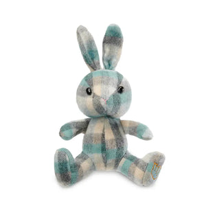 A cream and blue Islander tartan lambswool bunny sitting upright with its ears perked up.