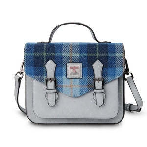 A sophisticated blue tartan Harris Tweed satchel bag, combining modern design with traditional Scottish craftsmanship.