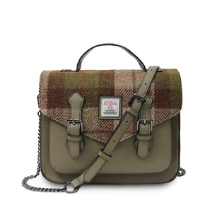 A stylish chestnut tartan Harris Tweed satchel bag, offering a blend of traditional Scottish heritage and modern design.