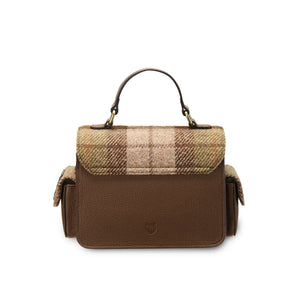 A back view of a chestnut tartan Harris Tweed Melrose Leather Crossbody Bag. It shows the back of the bag and the Harris Tweed fabric detail.