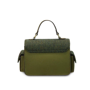 A back view of a green Harris Tweed Melrose Leather Crossbody Bag. It shows the back of the bag and the Harris Tweed fabric detail.