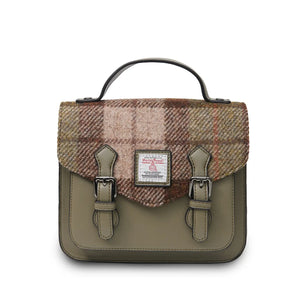 A front view of a chestnut tartan Harris Tweed Mini Calton Satchel, highlighting its authentic Harris Tweed® panel and metal chain strap.