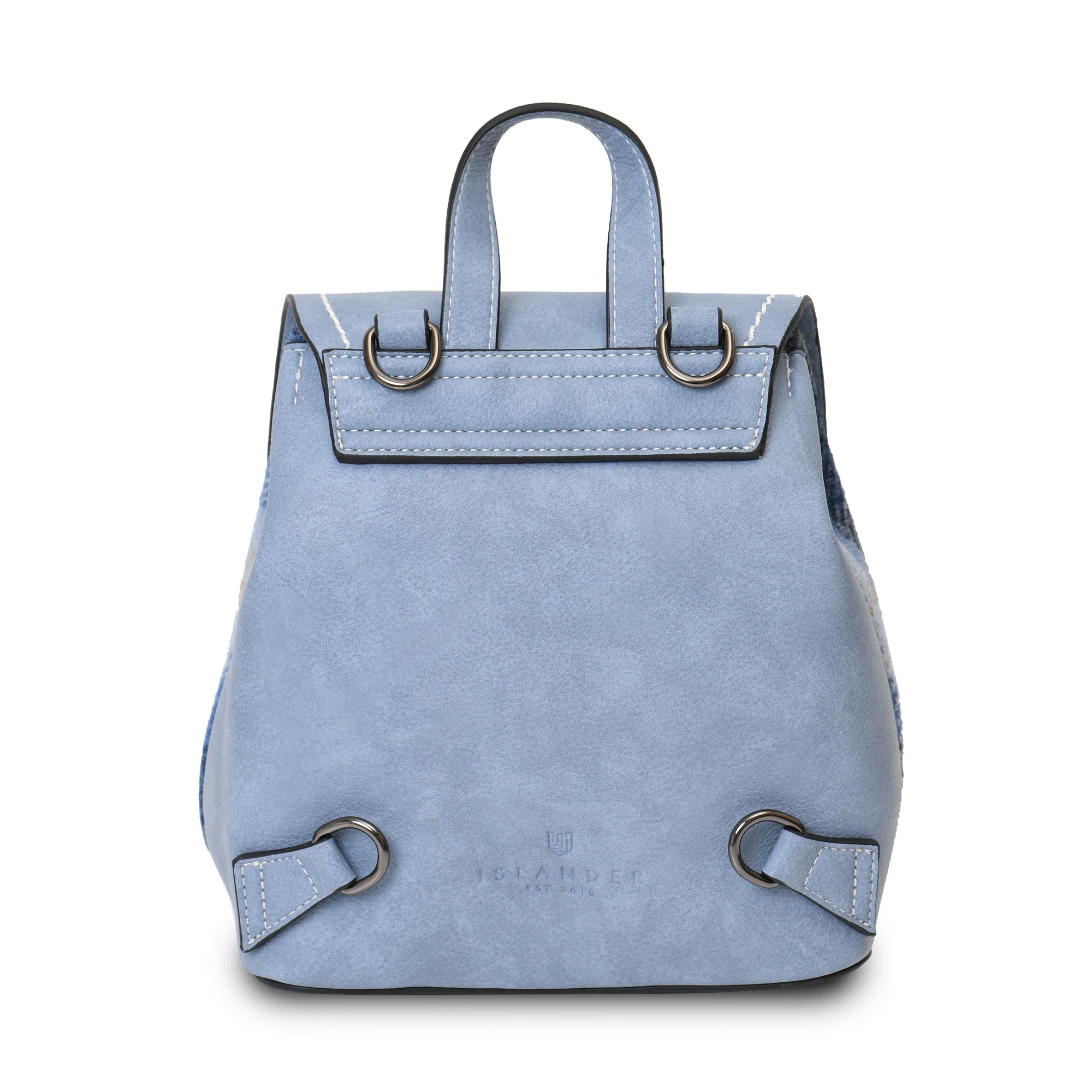 Harris Tweed mini backpack back view showing pale blue leather and D-rings