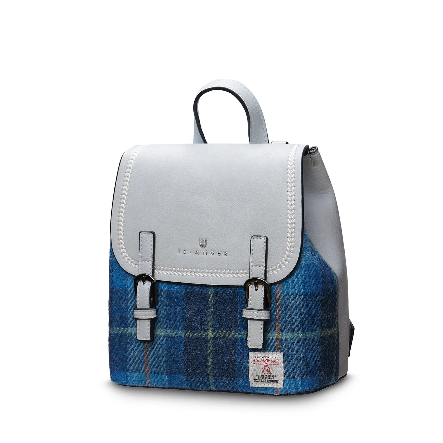 Harris Tweed mini backpack angled view showing bag depth and leather trim