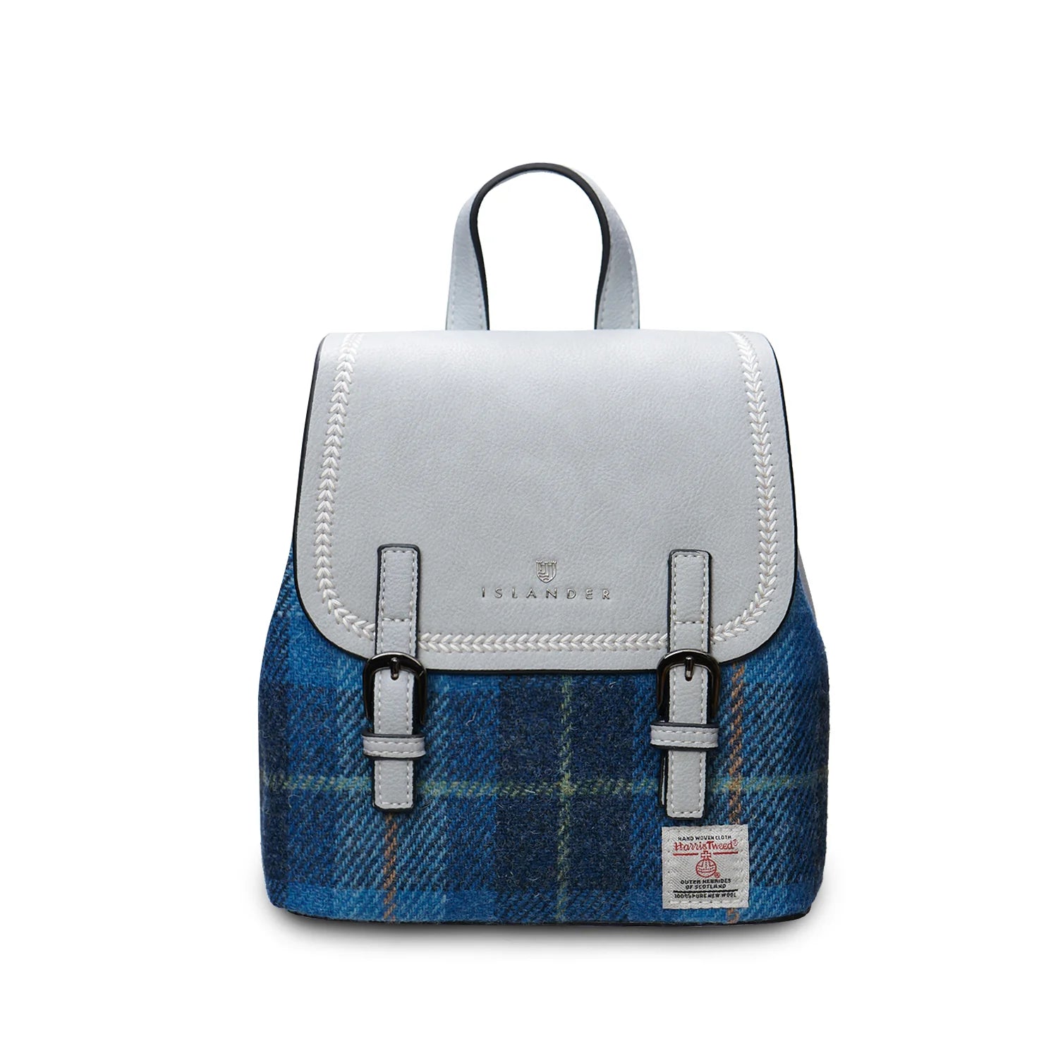 Blue tartan Harris Tweed mini backpack front view on white background