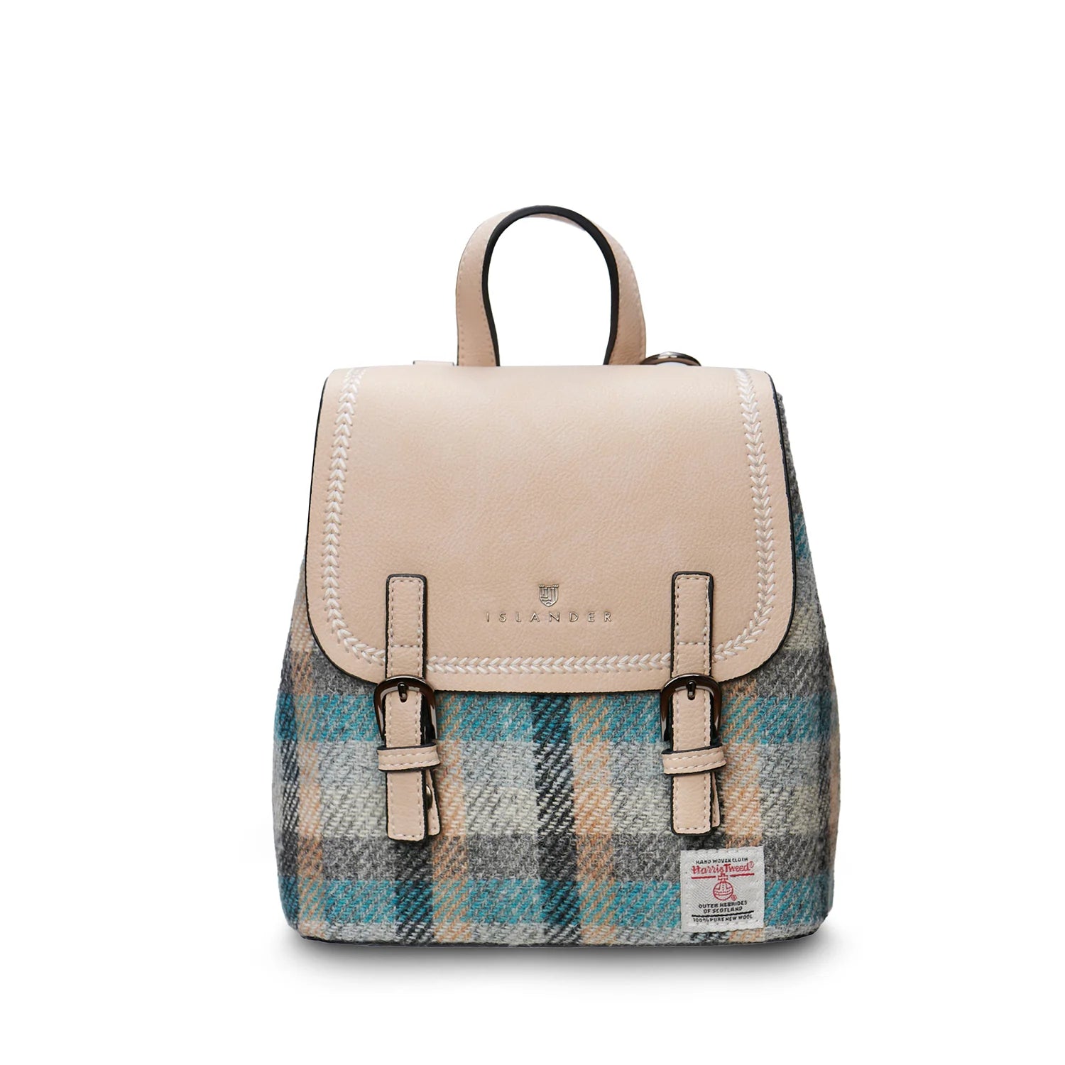 Islander tartan Harris Tweed mini backpack front view on white background