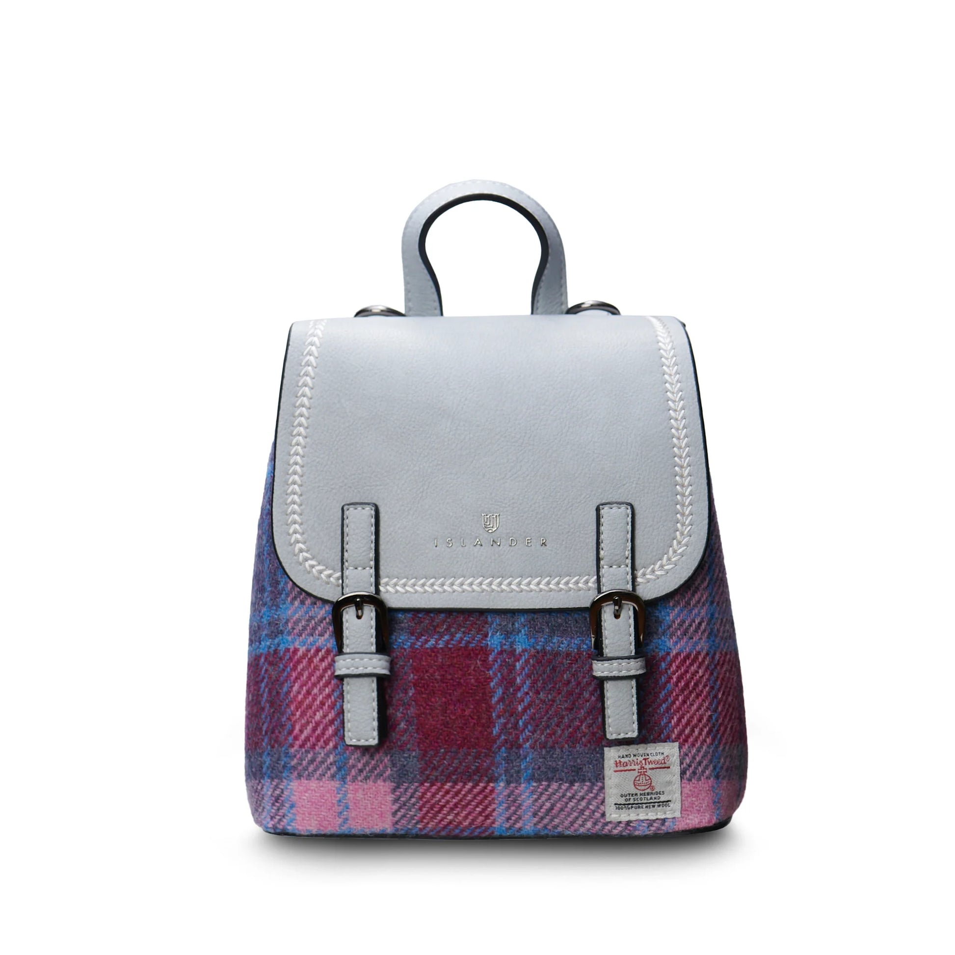 Pink and blue tartan Harris Tweed mini backpack front view on white background