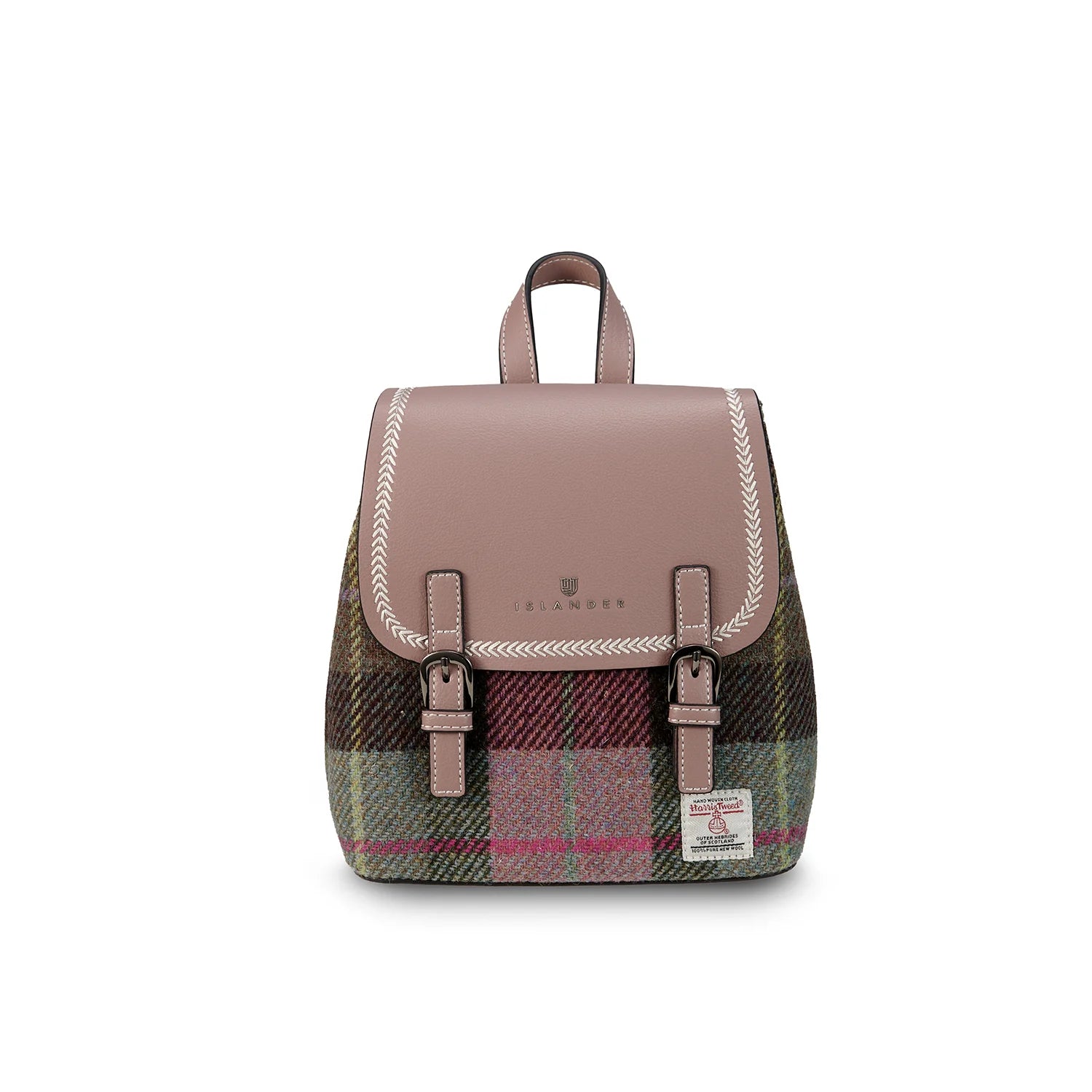 Pink-green tartan Mini Jura backpack front view on white background