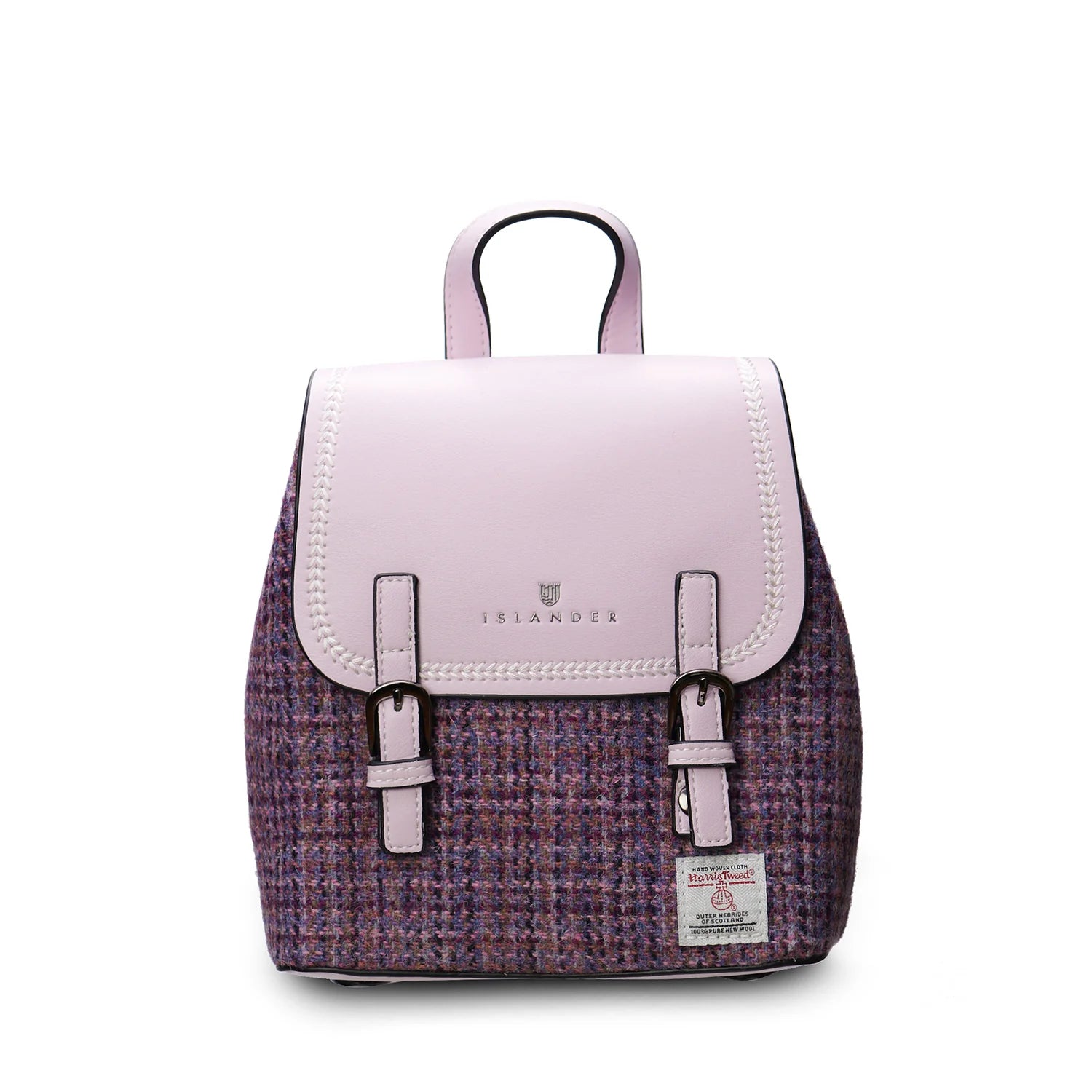 Violet Harris Tweed mini backpack with buckle straps on white background