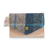 Navy and beige Harris Tweed® tartan card holder with tan leather body and gold clasp by Islander.