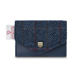 Navy overcheck Harris Tweed® card holder with blue leather back and gold press-stud by Islander.