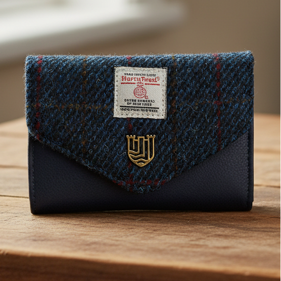 Navy over-check Harris Tweed clasp purse on wooden surface with natural light.