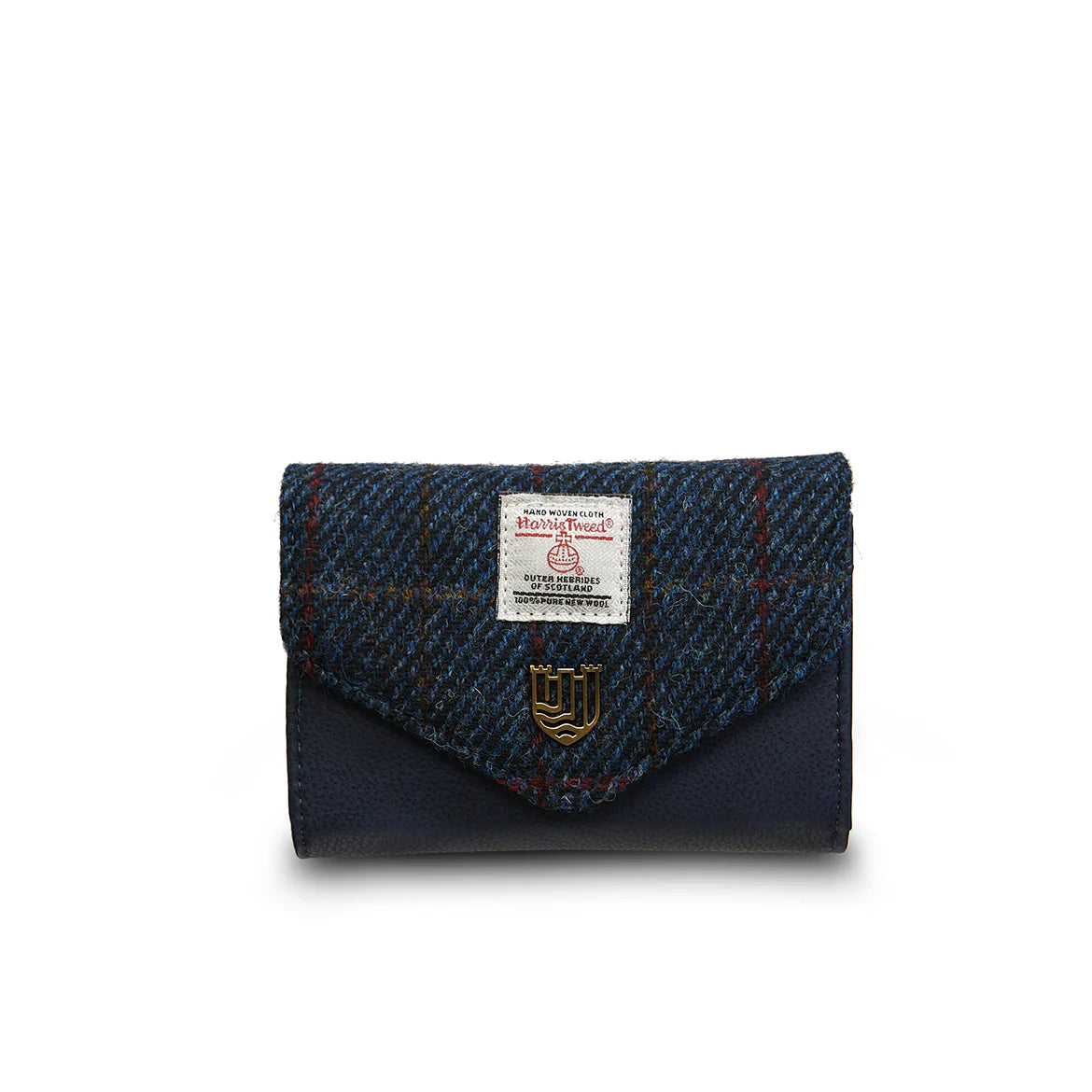 Navy over-check Harris Tweed clasp purse angled view on white background.