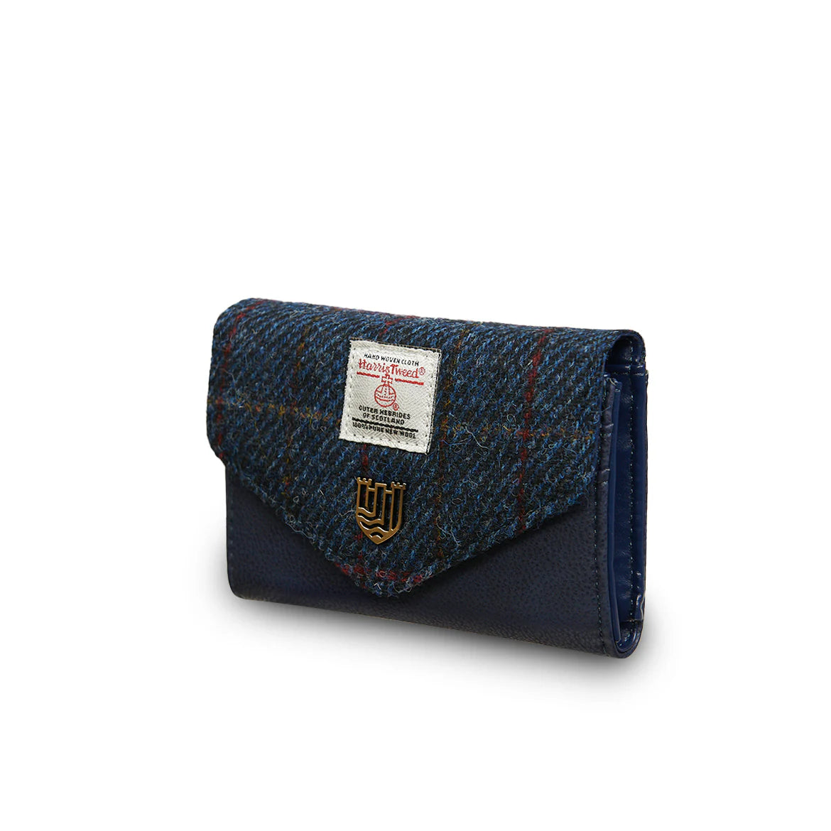 Navy over-check Harris Tweed clasp purse side profile on white background.