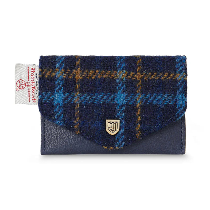 Navy tartan Harris Tweed® card holder with blue leather body and gold snap closure by Islander.