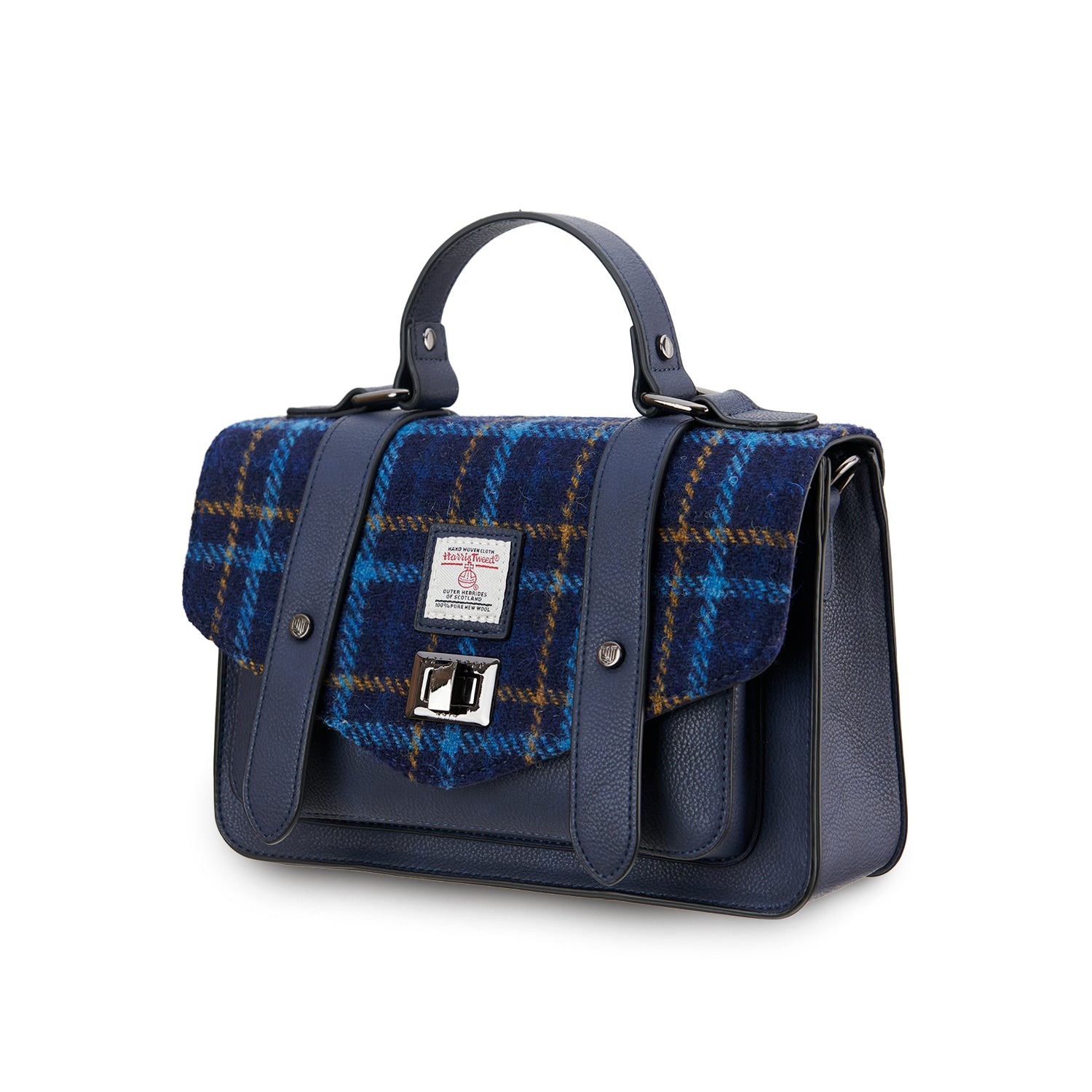 Side view of Navy Tartan Medium Satchel with Harris Tweed® and navy leather straps.