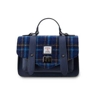 Front view of Navy Tartan Harris Tweed® satchel showing blue check tweed and silver clasp detail.