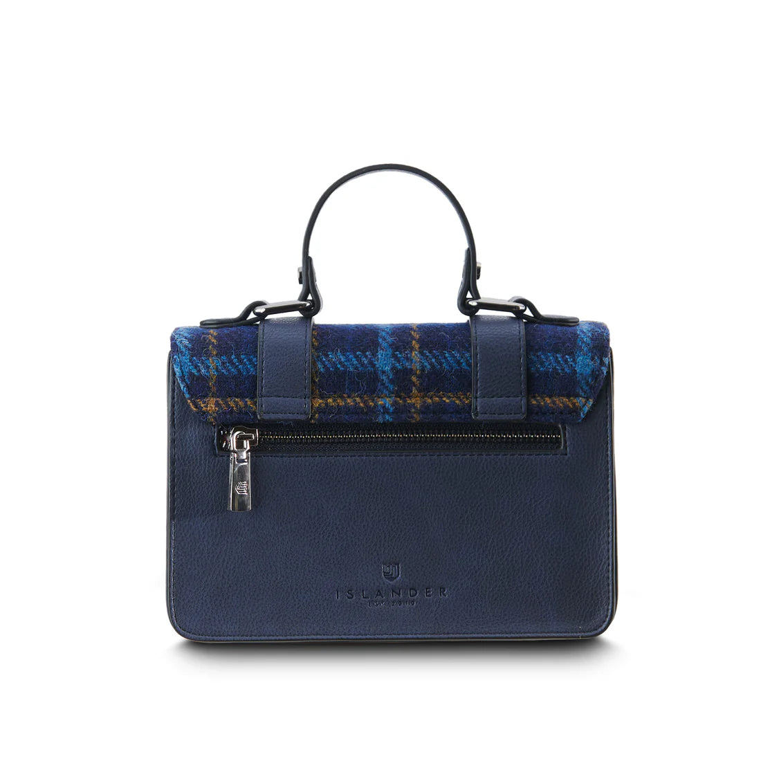 Back view of Navy Tartan Mini Satchel with Harris Tweed® and navy leather trim.