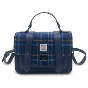 Full front view of Navy Tartan Mini Satchel with Harris Tweed® cloth and adjustable shoulder strap.