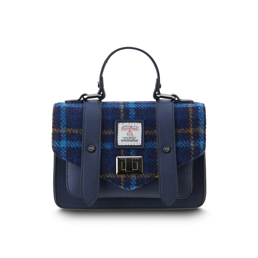 Front view of Navy Tartan Mini Satchel featuring Harris Tweed® tartan flap and twist lock fastening.