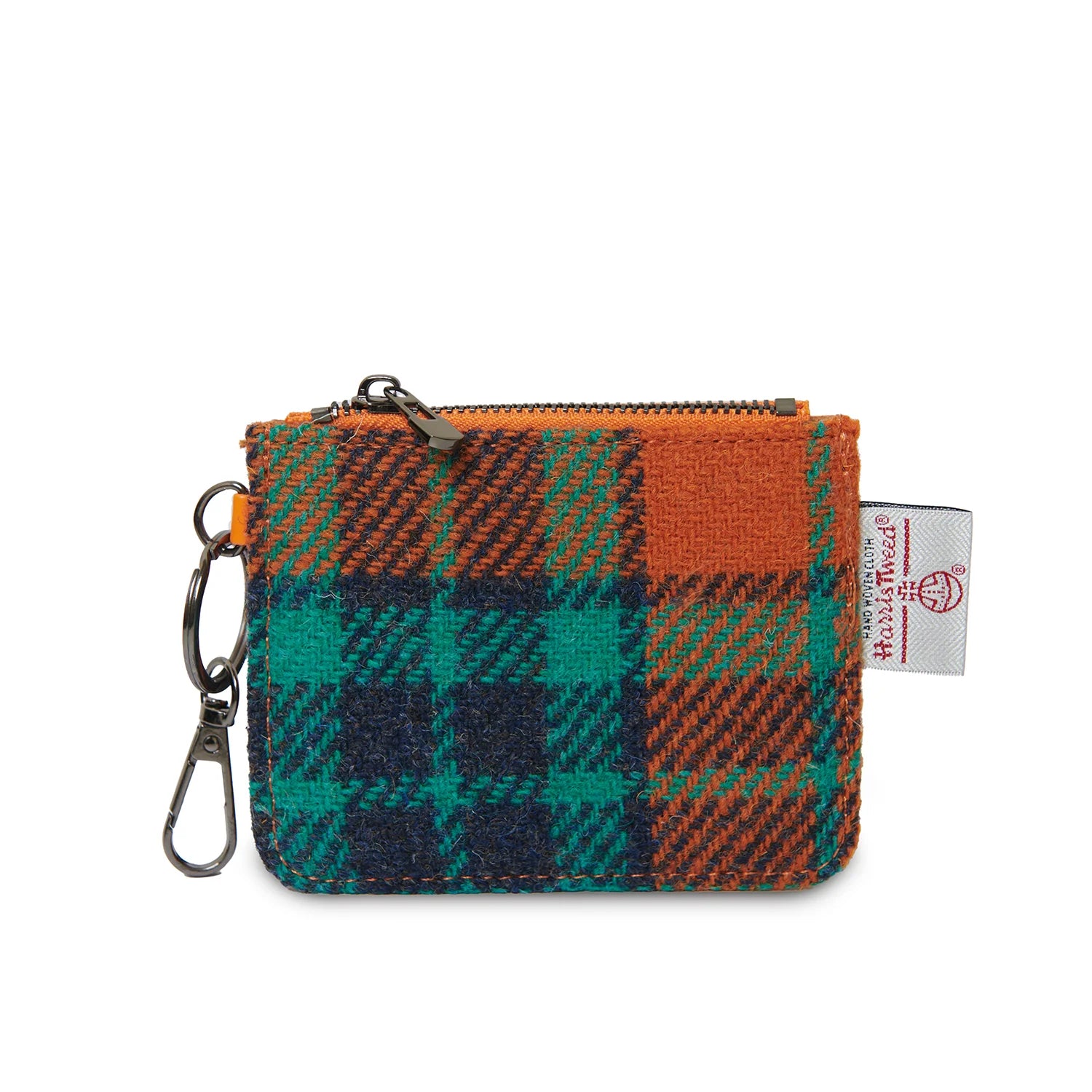 Front view of orange and blue Harris Tweed® tartan card zip wallet with key clip and branded label.