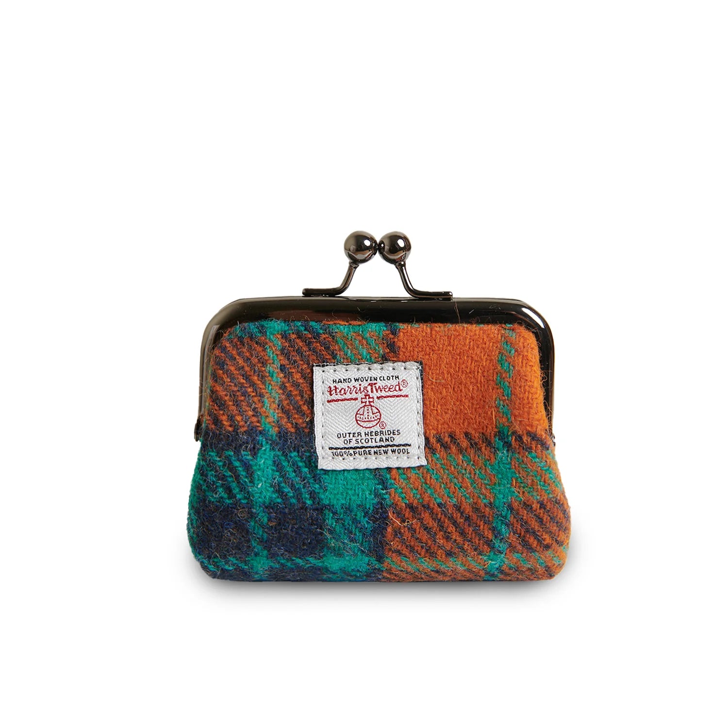Front view of Harris Tweed® coin purse in orange and blue tartan with metal snap clasp and official woven label.