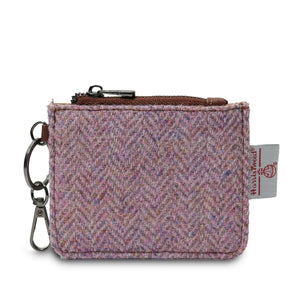 Ladies Card Wallet in a Pink Herringbone Harris Tweed with a keychain attachment.