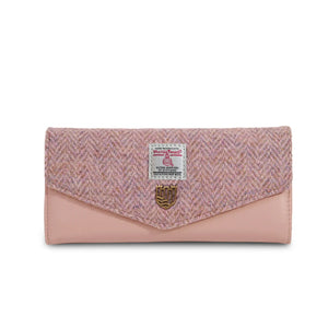 Ladies Pink Herringbone Harris Tweed large clasp purse on a white background.