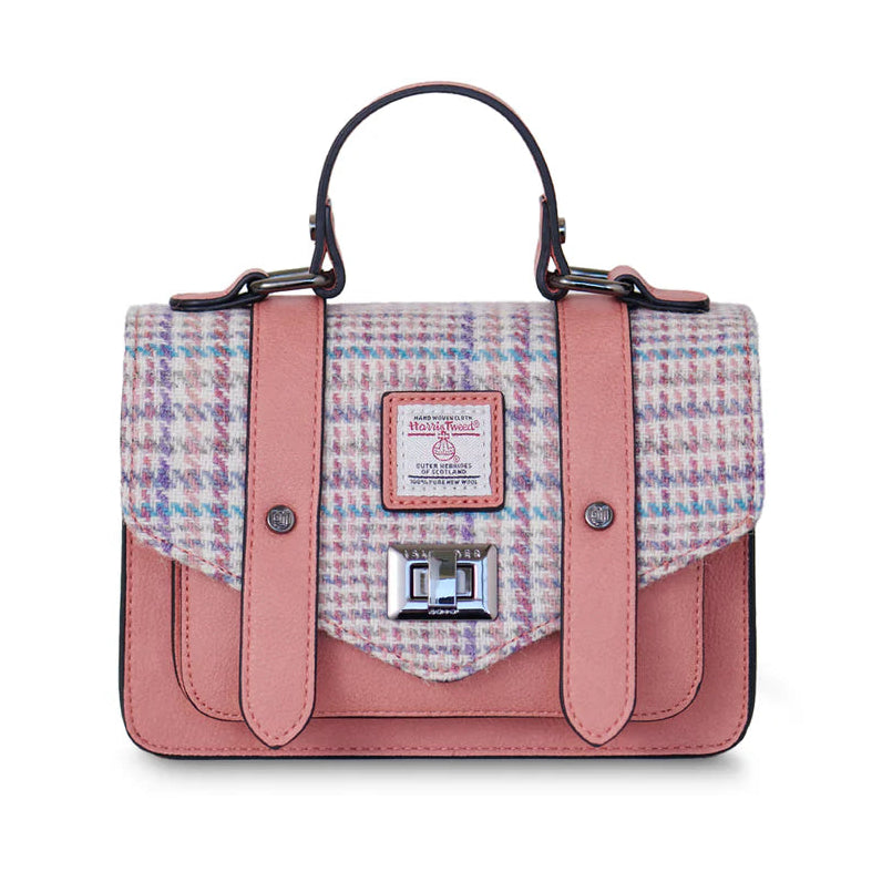 Front view of Purple Pink Mini Satchel with Harris Tweed® and soft pink leather trim