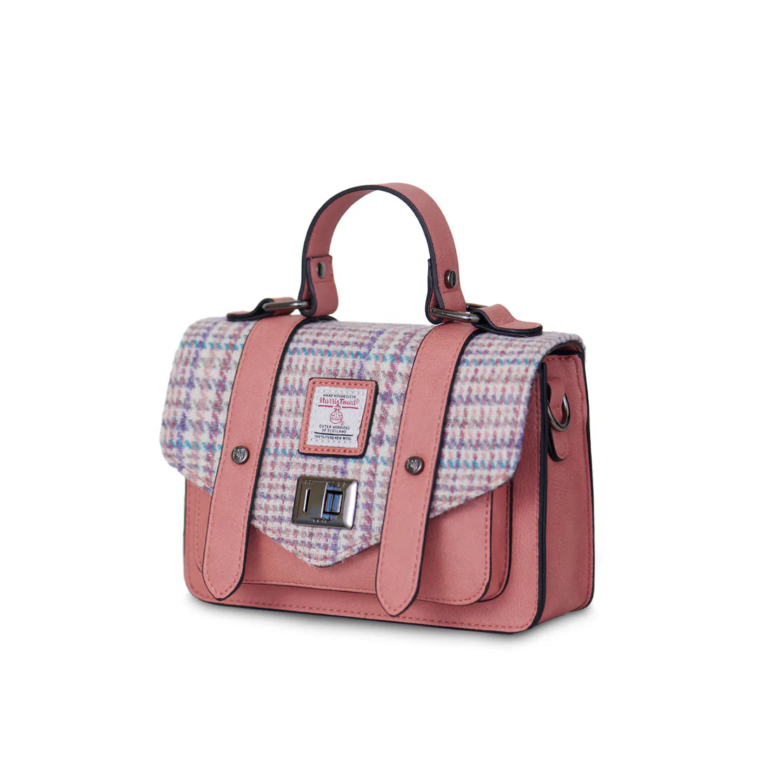 Angled view of Purple Pink Mini Satchel showing Harris Tweed® flap and adjustable strap