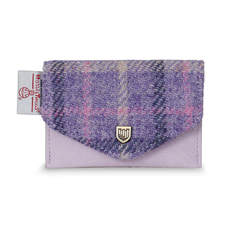 Purple tartan Harris Tweed® card holder with leather back and gold clasp by Islander.